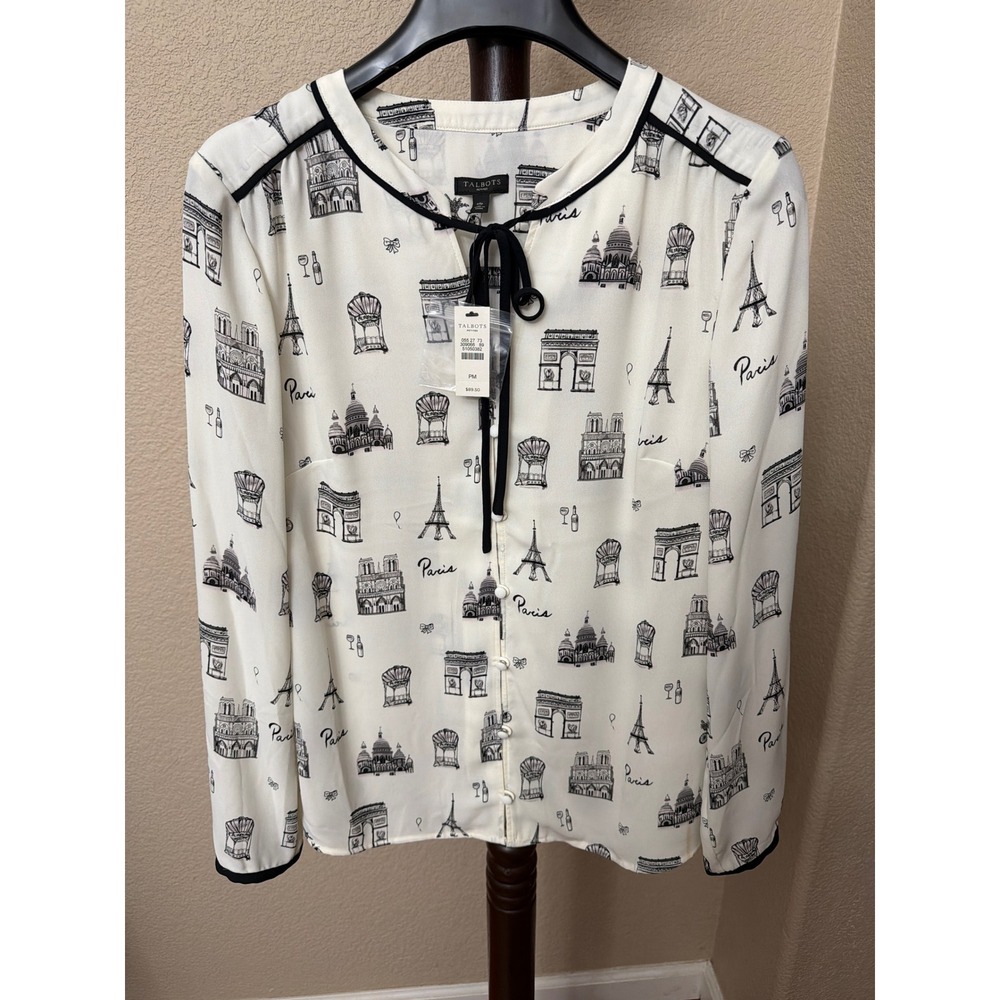 Talbots Petites Paris Print Tie Neck Blouse Ivory Black Long Sleeve PM NWT